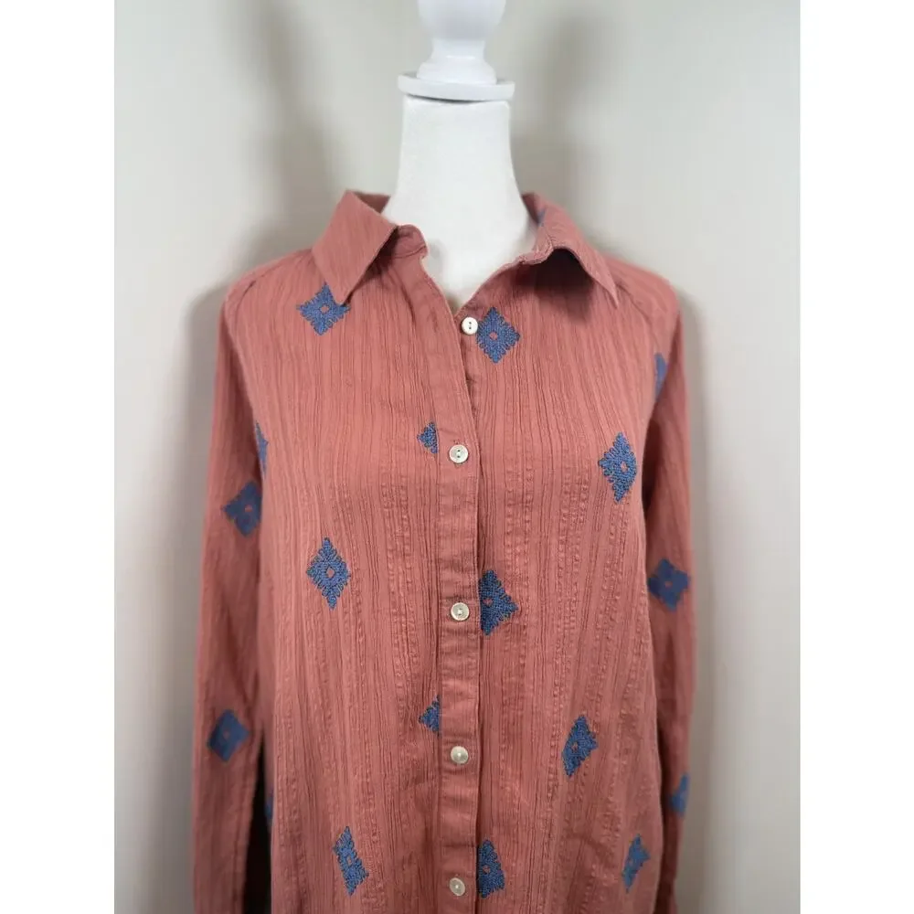 J. Jill Pure Jill Embroidered Shirtdress CoralBlue Small Cotton Boho Cottagecore
